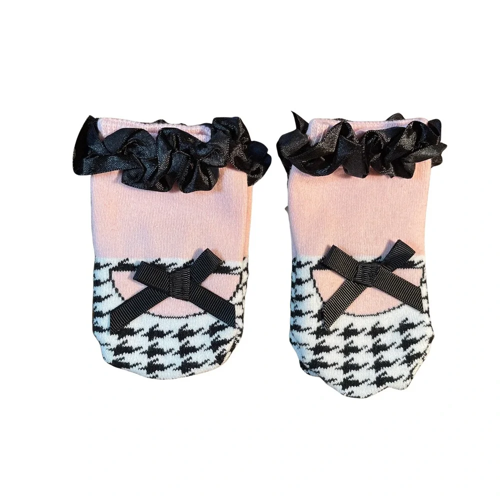 Jackson Ganz Houndstooth Ruffle Bow Socks Pink Baby 0-12 Months 2 Pair